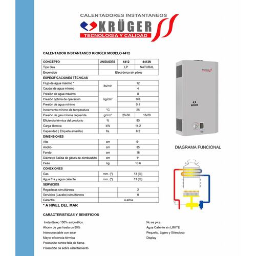 Calentador Boiler Agua Automatico 12Lts Gas Lp 4412 Kruger.
