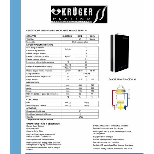 Calentador Boiler Modulante  12 Lts Gas Natural 3612N Kruger.