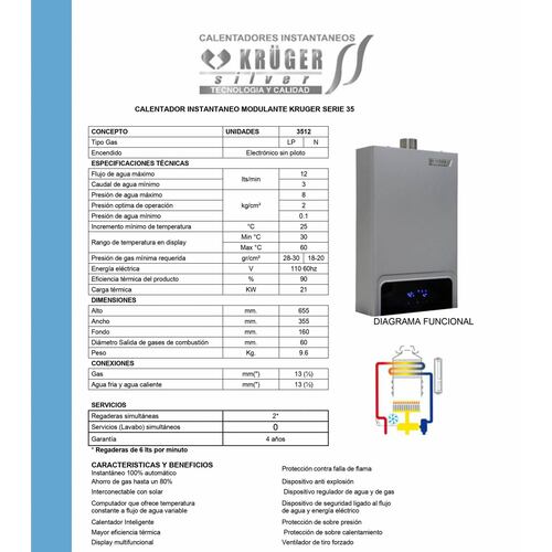 Calentador Boiler Gas Lp Modulante Electrico 12L 3512 Kruger.