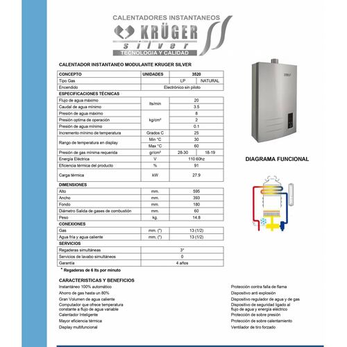 Calentador Boiler Intantaneo 20Lts Gas Natural 3520 Kruger.