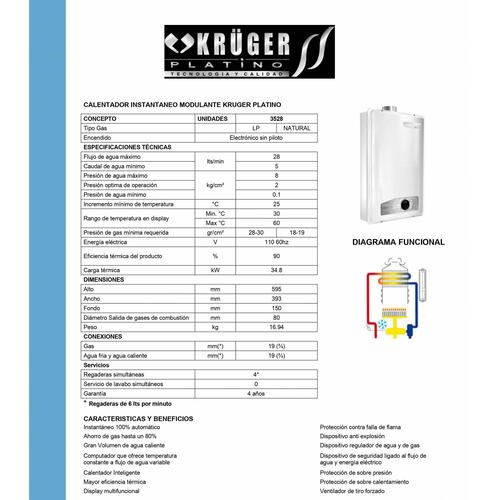 Calentador Boiler Modulante 28Lts Gas Lp 3528 Kruger.