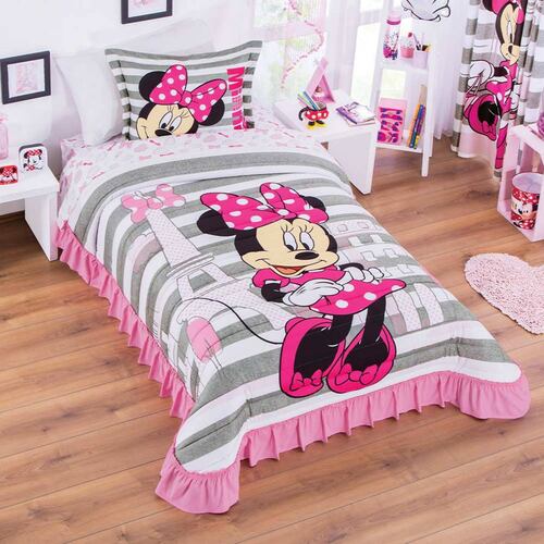 Colcha Minnie París Matrimonial Microfibra Gris Concord.