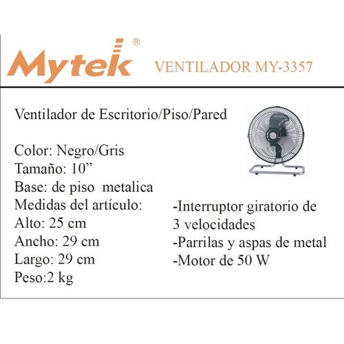 Ventilador De Escritorio/piso/pared Mytek 10 PuLG Mod 3357.