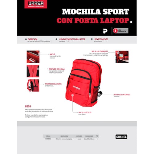 Mochila Porta Laptop Espacio C/Bolsillos Rojo Urrea
