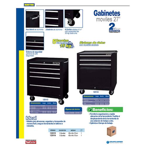 Gabinetes Movil 5 Gavetas Acero Inoxidable Negro Surtek