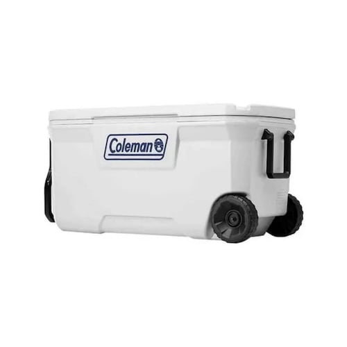Hielera 100 Qt Rodante Bisagra Acero Blanco Coleman.
