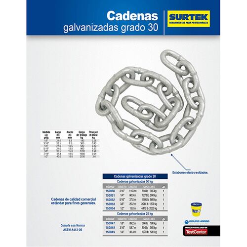 Cadena Acero Al Carbon Galvanizado 3/8" C/ Cubeta Surtek
