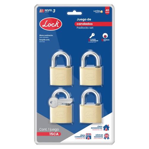 Juego 4 Candados Latón Cortos 40mm Llave Estándar Lock