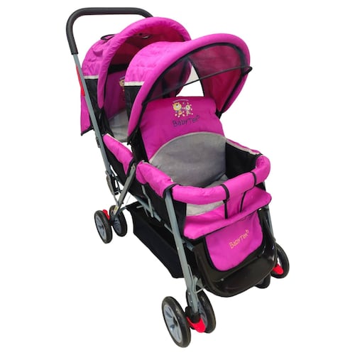 Carriola Doble para Bebe y Niño Gemelar Plegable 8 llantas  - Rosa.