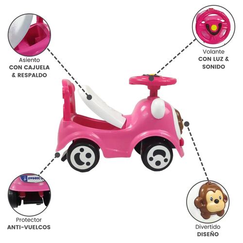 Montable Correpasillos con Sonido,Luz,Cajuela Chango Rosa  - Rosa.