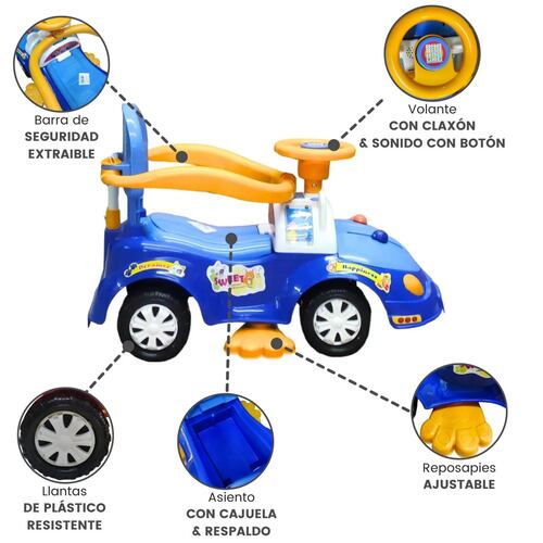 Montable Correpasillos con Baston Sonido,Luz,Cajuela  - Azul