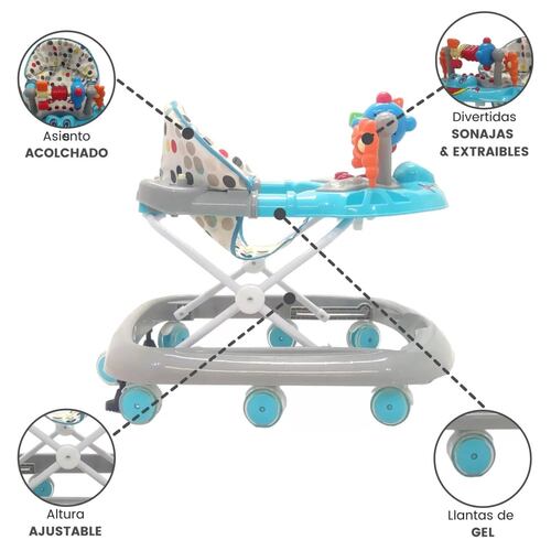 Andadera para Bebe Plegable,Musical,Llantas Gel,Rana  - Gris.