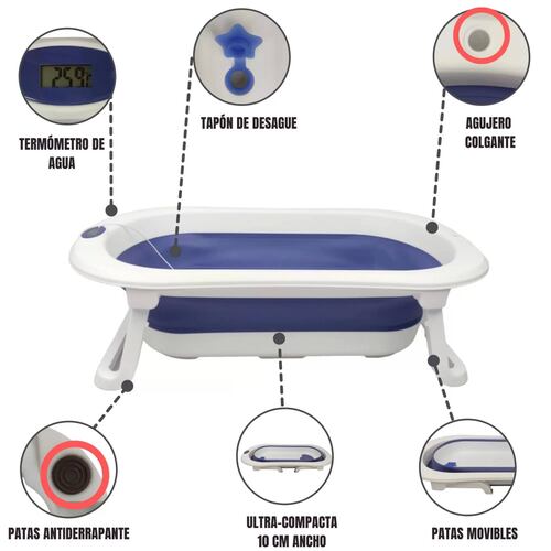 Bañera para Bebe Tina de Baño Plegable y Compacta Termometro  - Azul