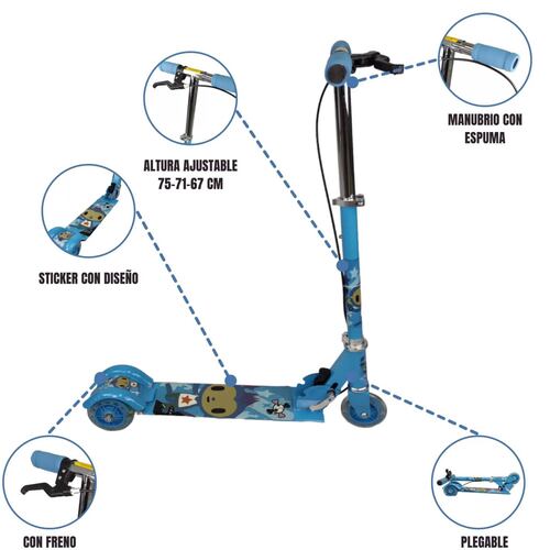 Patin del Diablo Scooter Tres Llantas con Luz y Freno de Mano  - Azul.