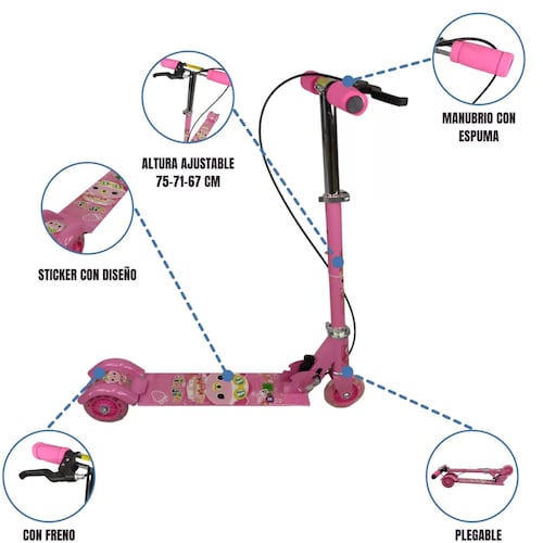 Patin del Diablo Scooter Tres Llantas con Luz y Freno de Mano  - Rosa.