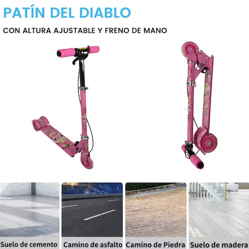 Patin del Diablo Scooter Tres Llantas con Luz y Freno de Mano  - Rosa.