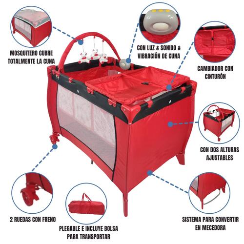 Cuna Corral Bebe Plegable Mosquitero Cambiador Vibra,Sonido  - Rojo.