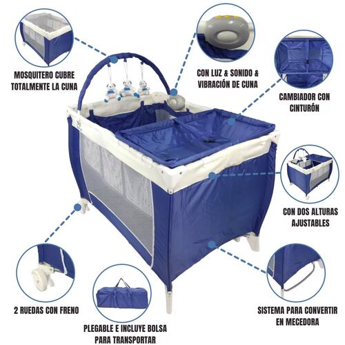 Cuna Corral Bebe Plegable Mosquitero Cambiador Vibra Sonido  - Azul.