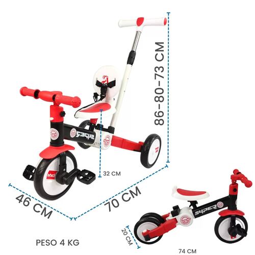 Triciclo para Niños 4 en 1 Bicicleta de Equilibrio y Balance  - Rojo.