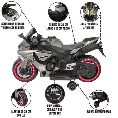 Motocicleta Montable Eléctrica Tres Ruedas Luz LED 12v  - Gris.