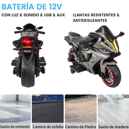 Motocicleta Montable Eléctrica Tres Ruedas Luz LED 12v  - Gris.