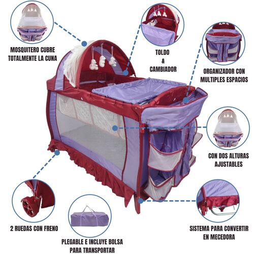 Cuna Corral para Bebe Plegable,Cambiador,Organizador  - Purpura