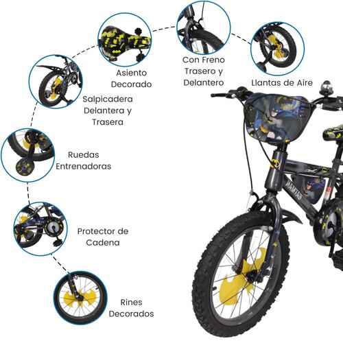 Bicicleta para Niños Rodada 16 Batman con Llantas Entrenadoras  - Negro.