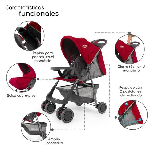 Carriola para Bebe Ultra Plegable Con Charola,6 a 24 meses 15kg  - Rojo.