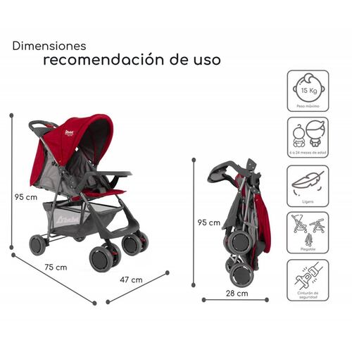 Carriola para Bebe Ultra Plegable Con Charola,6 a 24 meses 15kg  - Rojo.
