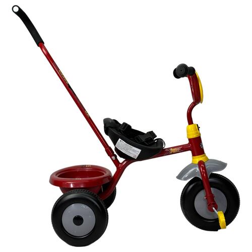 Triciclo para Niños Cars Bastón con Cinturon 3 puntos, Canasta  - Rojo.