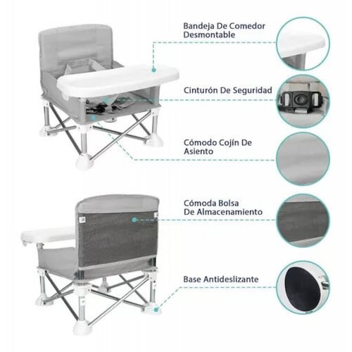 Silla Alta para Bebe Periquera Portatil Elevador Viaje Plegable  - Gris.