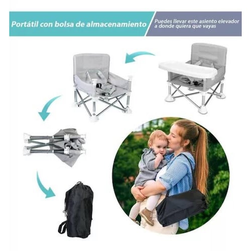 Silla Alta para Bebe Periquera Portatil Elevador Viaje Plegable  - Gris.