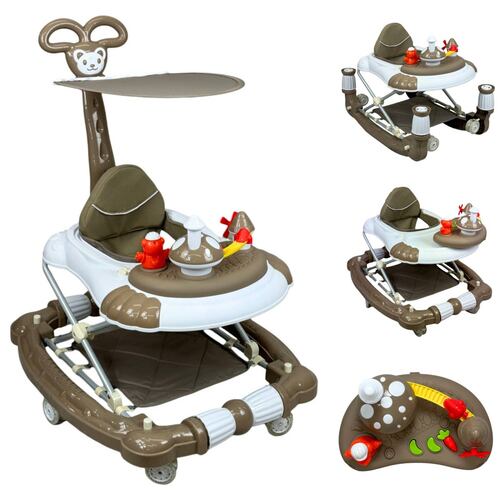 Andadera para Bebe Caminadora Plegable 3en1 Juguetero Musical Mecedora Hongo  - Marrón.