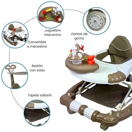 Andadera para Bebe Caminadora Plegable 3en1 Juguetero Musical Mecedora Hongo  - Marrón.