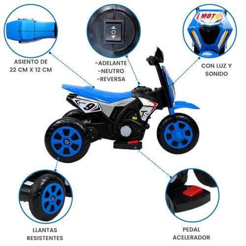 Motocicleta Montable para Niños 3 Ruedas Sonido,luz 6V  - Azul.