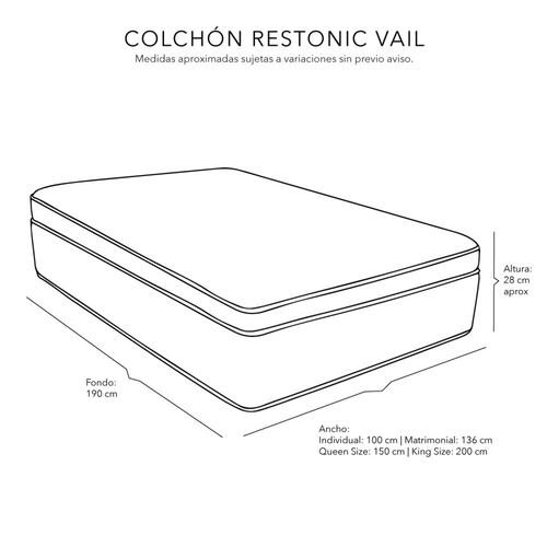 Colchón Matrimonial Restonic Vail con Almohada One, Sabanas Softy, Protector y Edredon