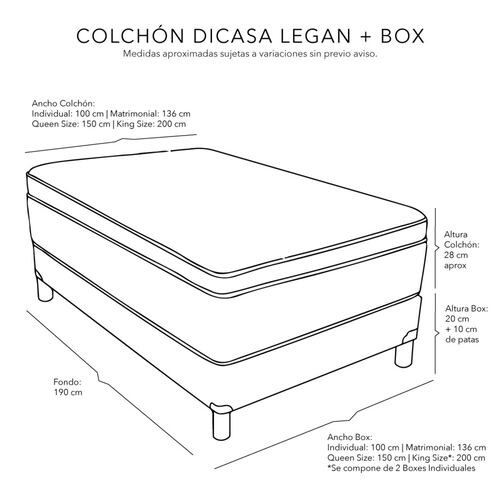 Colchón matrimonial Dicasa Legan con Box, almohada y sabanas