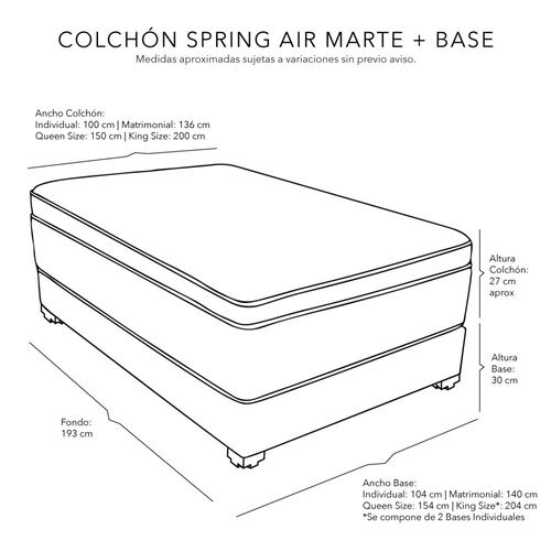 Colchón Queen Size Spring Air Marte con Base Cama Dicasa Orleans Gris y Edredon Palermo