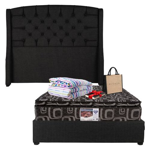 Colchon Queen Size Spring Air Morgan con Cabecera Sitka, Base Cama Belt Negro y Edredon Verona