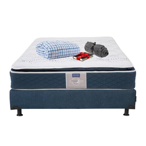 Colchón Queen Size Restonic Trust con Box Rivoli Azul y Edredon Palermo