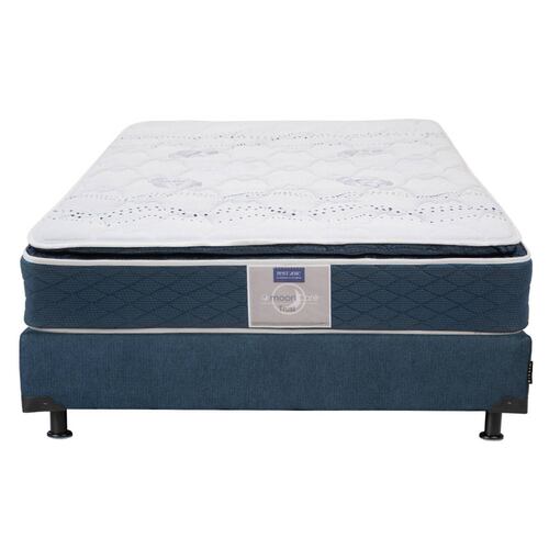 Colchón Queen Size Restonic Trust con Box Rivoli Azul y Edredon Palermo