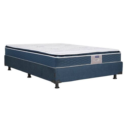 Colchón Queen Size Restonic Trust con Box Rivoli Azul y Edredon Palermo
