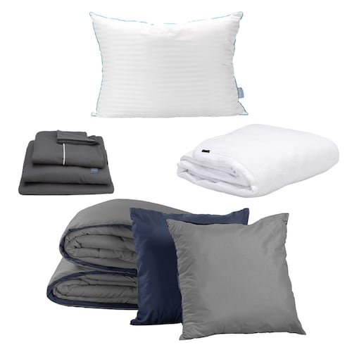 Edredon Individual Dicasa Couzy Azul Marino con Gris, Sábanas Royal Gris, Protector Lux y Almohada Royal