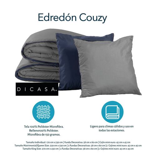 Edredon Individual Dicasa Couzy Azul Marino con Gris, Sábanas Softy Platino