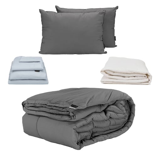 Edredon King Size Dicasa Homy Gris con Sábanas Softy Platino, Protector Ultra y Almohadas 2Pack