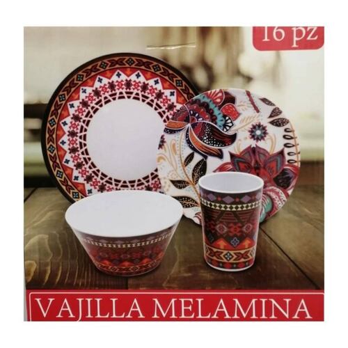 Vajilla de Melamina 16 pzas Cocina Roja Tribal Fraciel