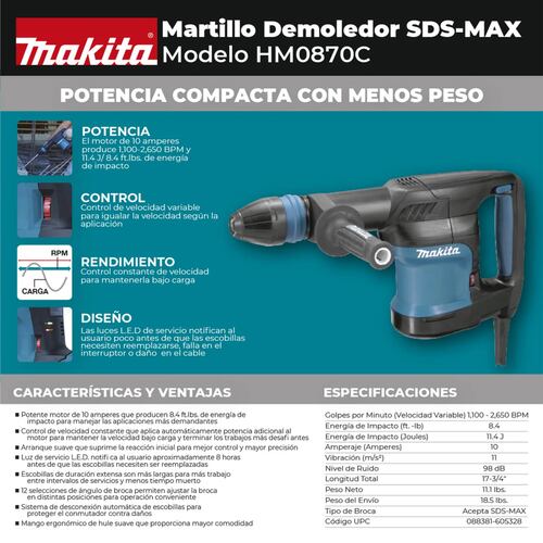 Martillo Demoledor Sds Max 12J 1100W 1100 265 Makita Hm0870C