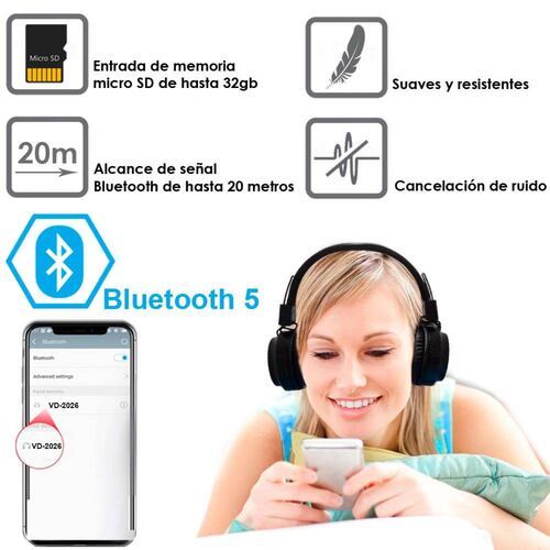 AUDIFONOS VAK 2026 BLUETOOTH FM ENTRADA SD AUX DIADEMA LED .