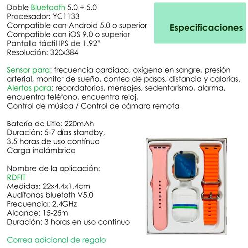 Reloj Smartwatch VAK Y3 con audifinos Bluetooth Fitness Rosa.