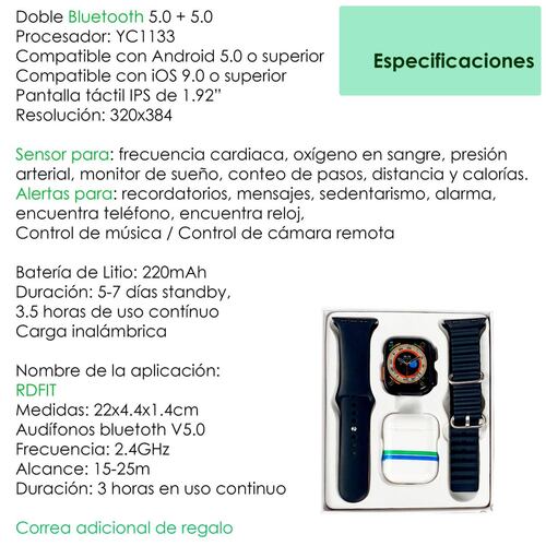 Reloj Smartwatch VAK Y3 con audifinos Bluetooth Fitness Negro